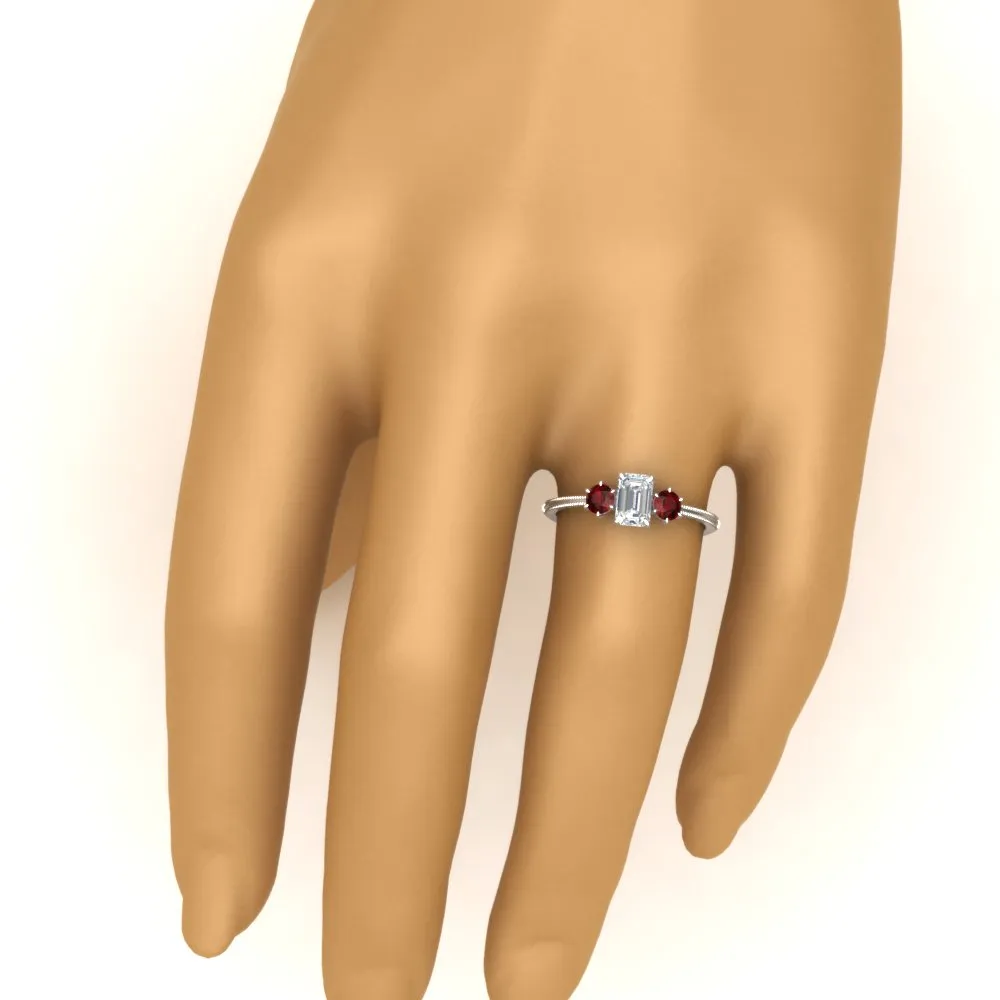 14K Gold Emerald & Round Cut Lab Diamond 3 Stone Engagement Ring