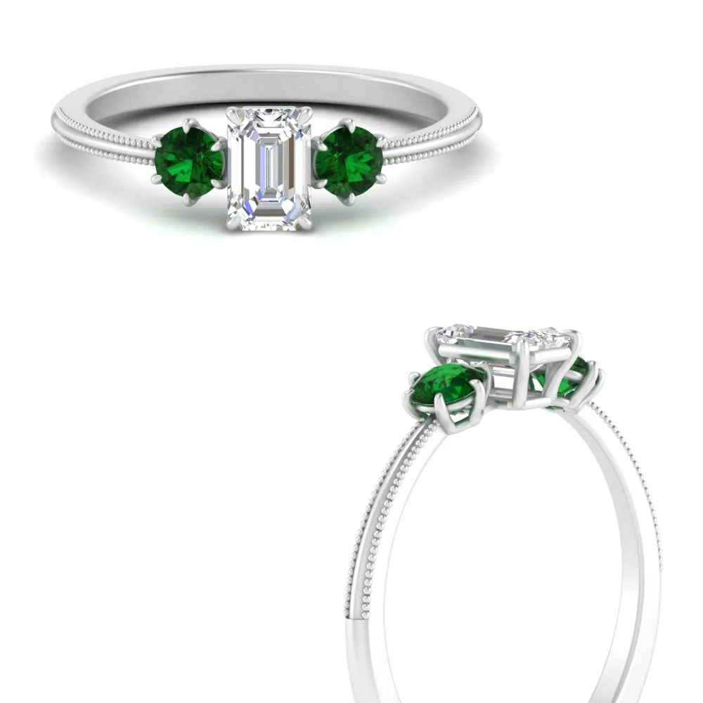 14K Gold Emerald & Round Cut Lab Diamond 3 Stone Engagement Ring