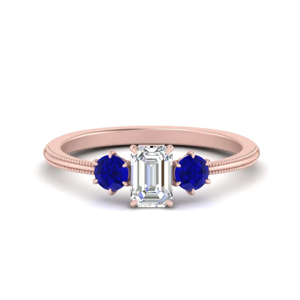 14K Gold Emerald & Round Cut Lab Diamond 3 Stone Engagement Ring