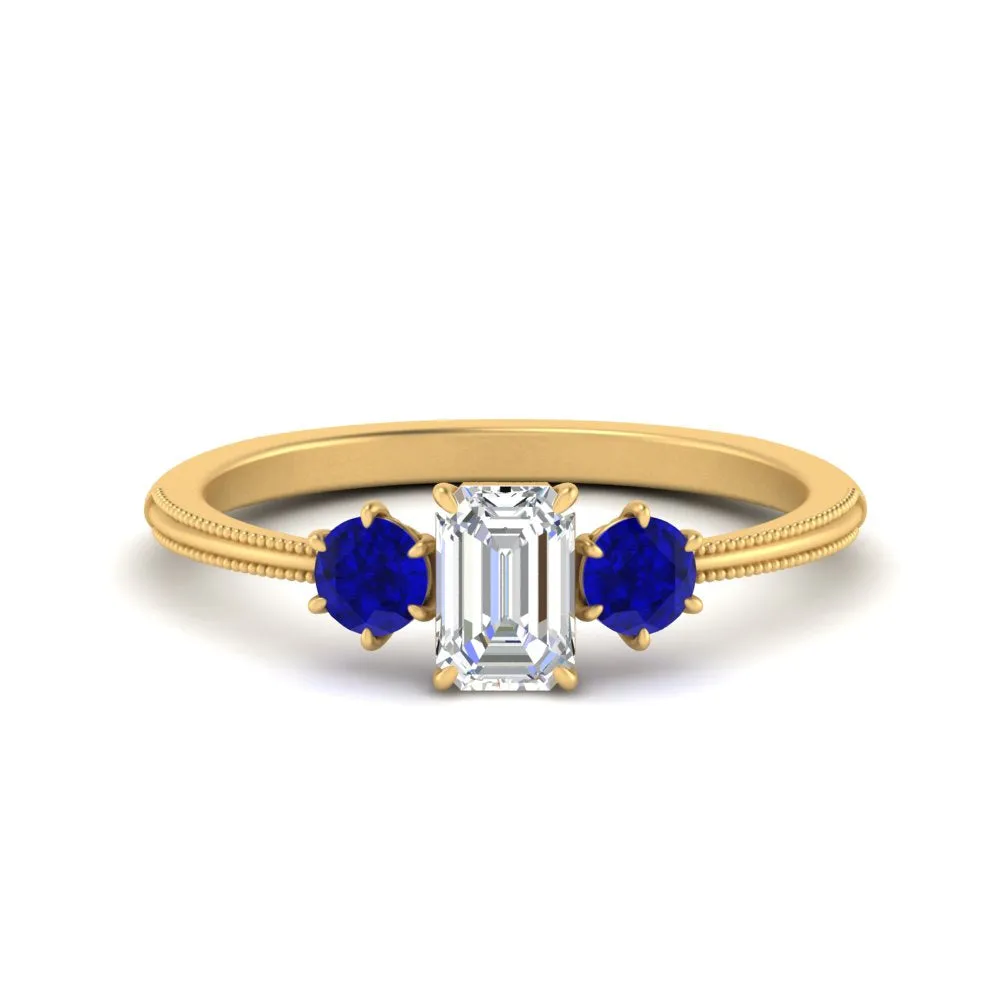 14K Gold Emerald & Round Cut Lab Diamond 3 Stone Engagement Ring