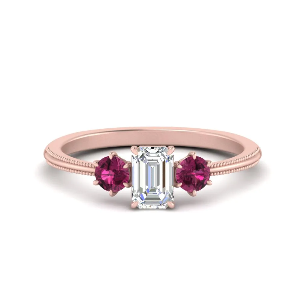 14K Gold Emerald & Round Cut Lab Diamond 3 Stone Engagement Ring