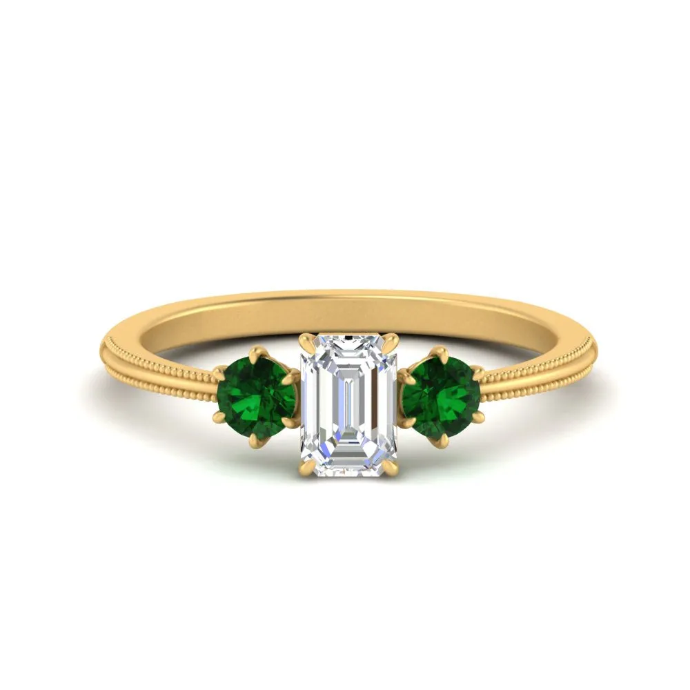 14K Gold Emerald & Round Cut Lab Diamond 3 Stone Engagement Ring