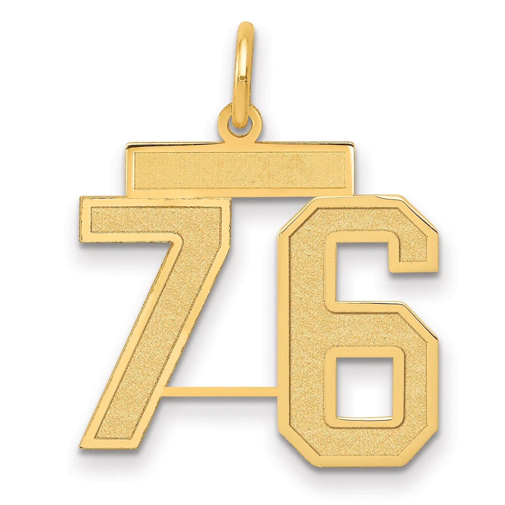 14K Gold Satin Number 76 Charm with Brushed Finish  Medium Size