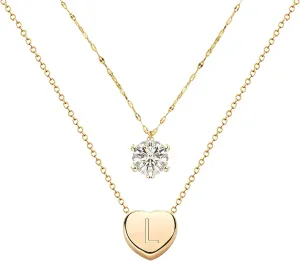 14K Real Gold Plated Dainty Layered Necklace/Heart Initial Necklaces/Zircon Necklace/Handmade Double Chain Necklace for Women and Teen Girls