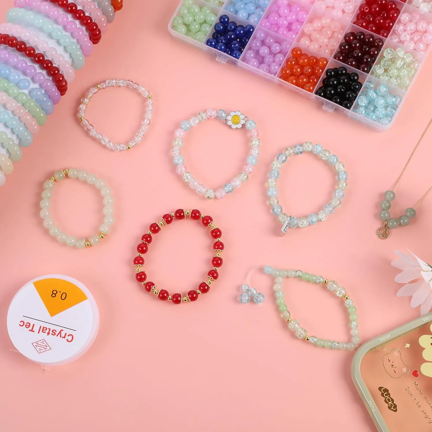 1610 PCS Glass Beads for Bracelets Jewelry Making, 24 Colors 8Mm 6Mm round Crystal Beads Bracelets Making Kits Suitable for DIY Crafts，Glass Beads for Bracelet Making Kits