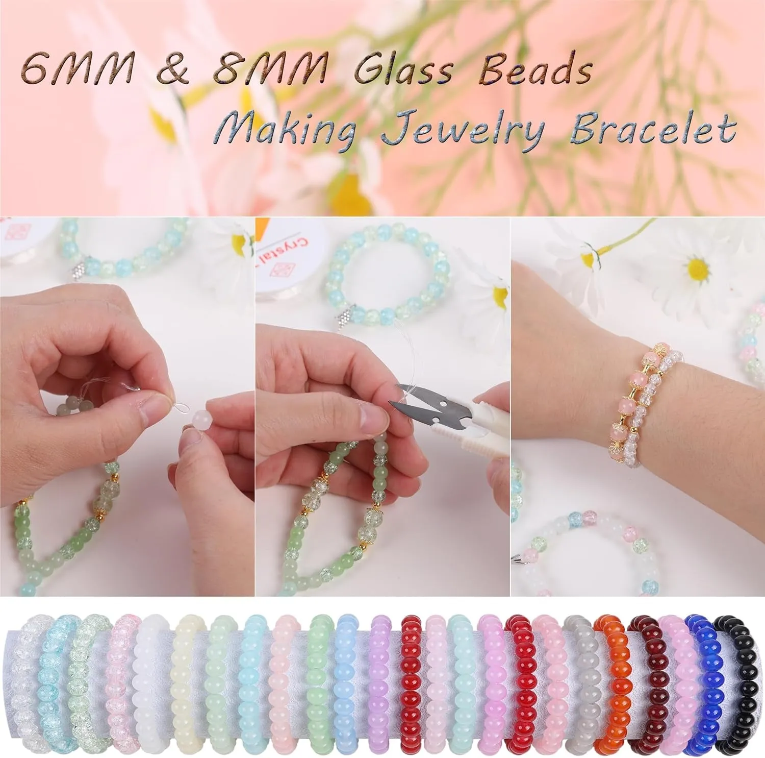 1610 PCS Glass Beads for Bracelets Jewelry Making, 24 Colors 8Mm 6Mm round Crystal Beads Bracelets Making Kits Suitable for DIY Crafts，Glass Beads for Bracelet Making Kits