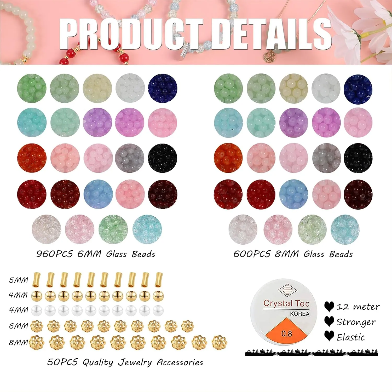 1610 PCS Glass Beads for Bracelets Jewelry Making, 24 Colors 8Mm 6Mm round Crystal Beads Bracelets Making Kits Suitable for DIY Crafts，Glass Beads for Bracelet Making Kits