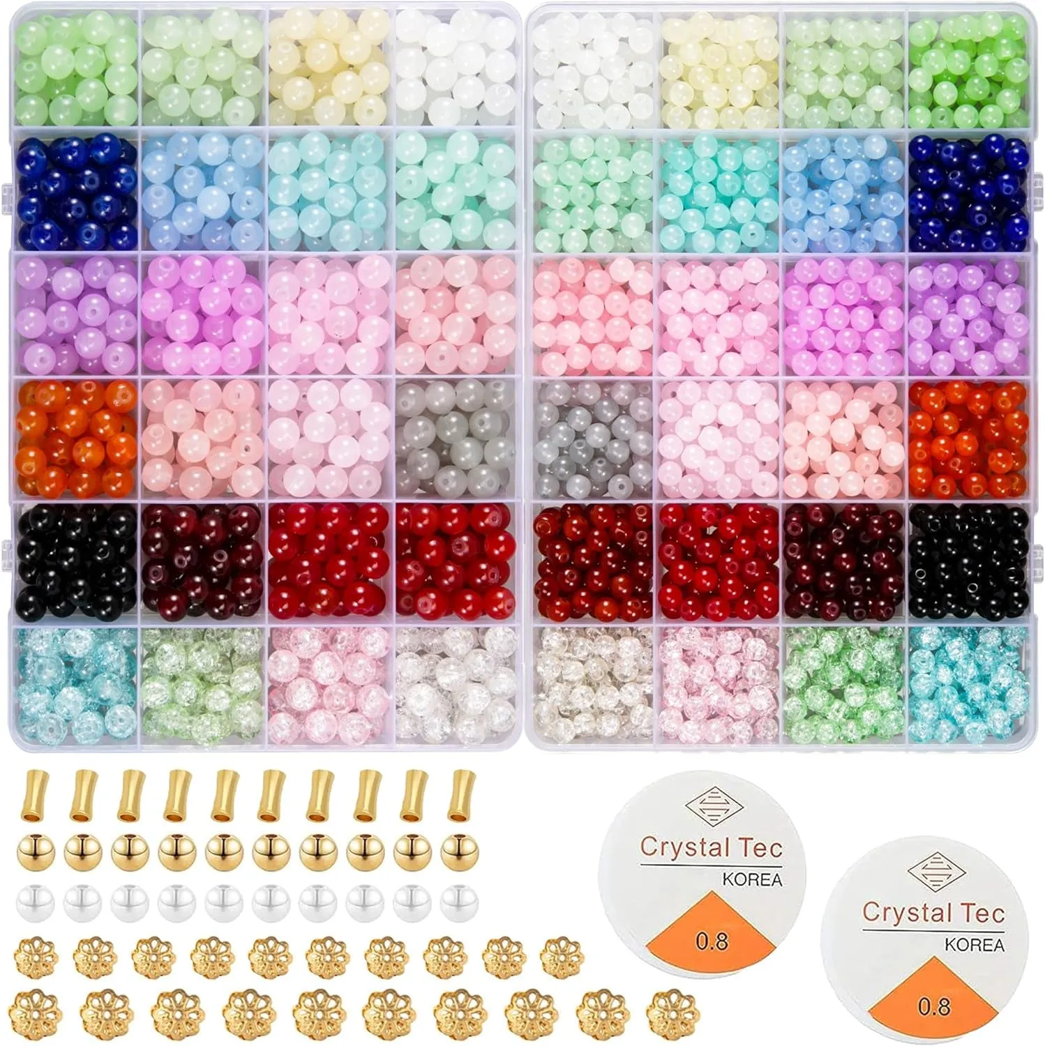 1610 PCS Glass Beads for Bracelets Jewelry Making, 24 Colors 8Mm 6Mm round Crystal Beads Bracelets Making Kits Suitable for DIY Crafts，Glass Beads for Bracelet Making Kits