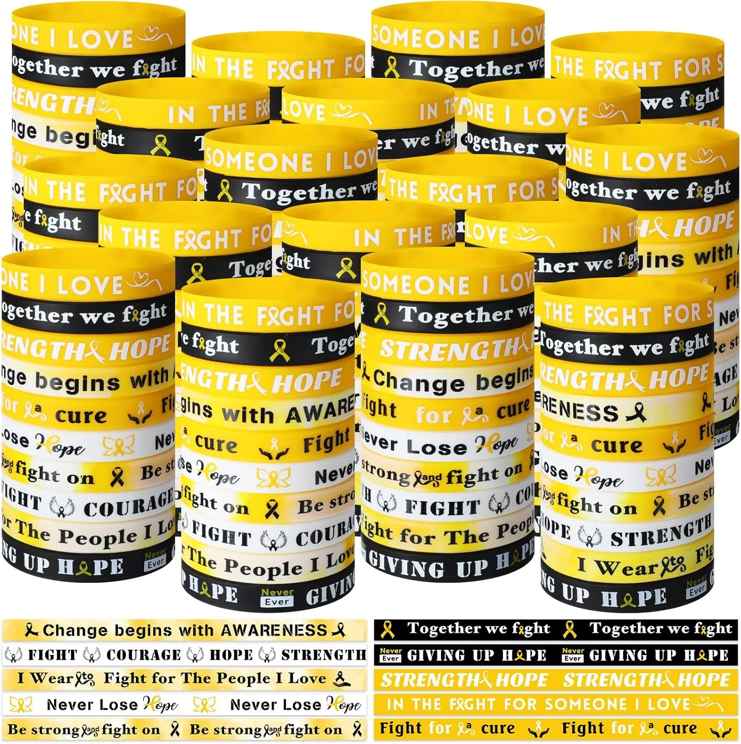 200pcs Gold Awareness Silicone Bracelets Bulk Inspirational Cancer Awareness Wristband for Pediatric Ovarian Cancer Sexual Assault Leukemia Kidney Fundraising Charity Campaign