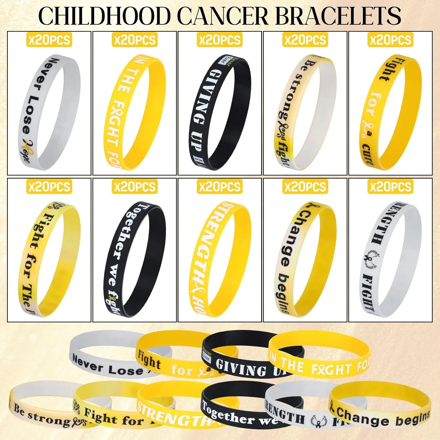 200pcs Gold Awareness Silicone Bracelets Bulk Inspirational Cancer Awareness Wristband for Pediatric Ovarian Cancer Sexual Assault Leukemia Kidney Fundraising Charity Campaign