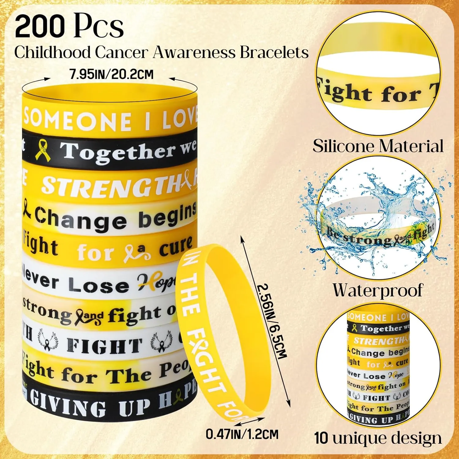 200pcs Gold Awareness Silicone Bracelets Bulk Inspirational Cancer Awareness Wristband for Pediatric Ovarian Cancer Sexual Assault Leukemia Kidney Fundraising Charity Campaign