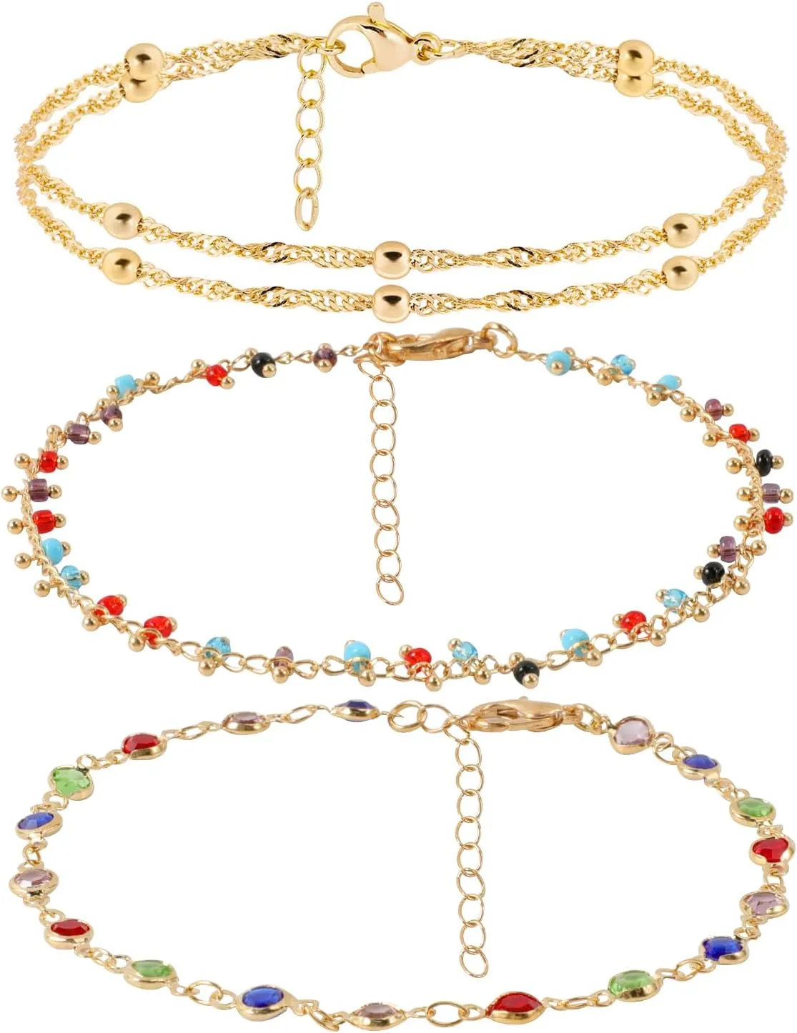 3 Pcs Ankle Bracelets for Women, Women's Gold Anklets for Women Waterproof Jewelry Gold Anklets for Women Non Tarnish, Dainty Cuban Link Anklets for Womens Ankle Bracelets, Cute Summer Beach Anklets