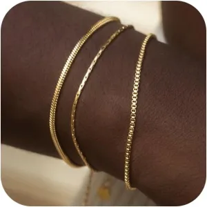 3 Pcs Mens Bracelet - Dainty Gold/Silver Chain Bracelet Stack 14K Gold Plated Silver Bracelets for Men Stainless Steel Adjustable Bracelet Gold/Silver Snake Jewelry Set to Men Dad