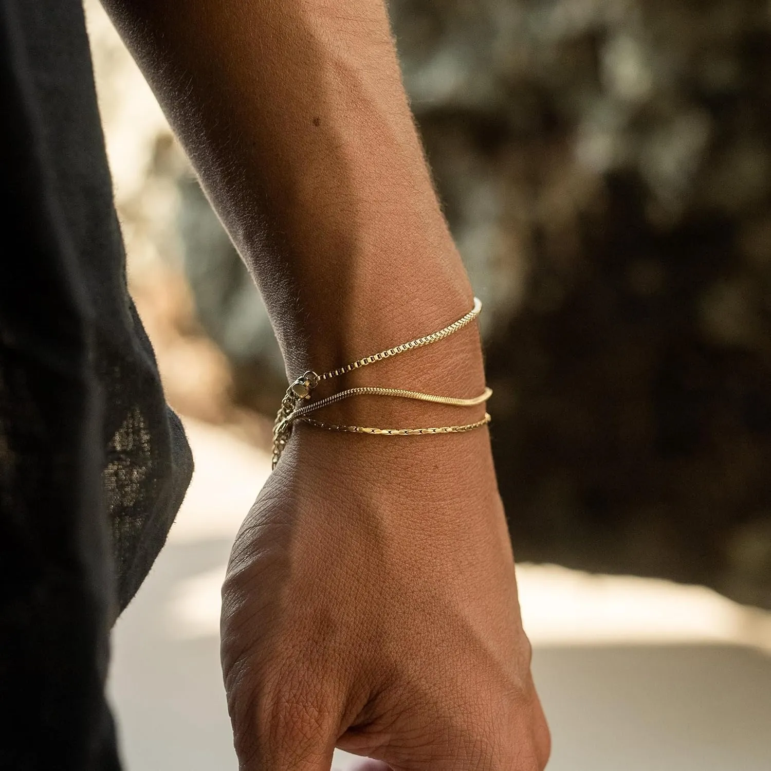 3 Pcs Mens Bracelet - Dainty Gold/Silver Chain Bracelet Stack 14K Gold Plated Silver Bracelets for Men Stainless Steel Adjustable Bracelet Gold/Silver Snake Jewelry Set to Men Dad
