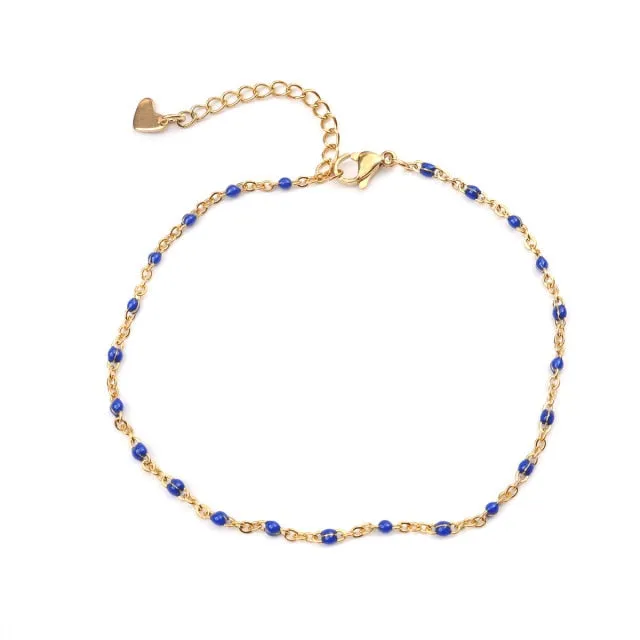 304 Stainless Steel Enamel Anklet Woman Gold Color Light Blue Anklets For Women Fashion Summer Beach Foot Leg Jewelry , 1 Piece