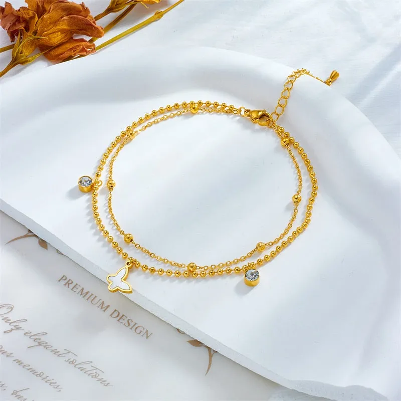 316L Stainless Steel Double Layer Butterfly Zircon Anklets For Women