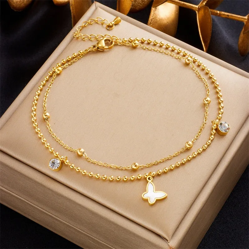 316L Stainless Steel Double Layer Butterfly Zircon Anklets For Women