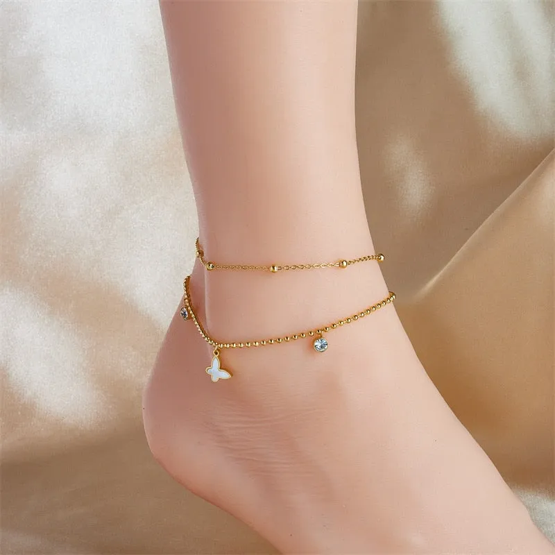 316L Stainless Steel Double Layer Butterfly Zircon Anklets For Women