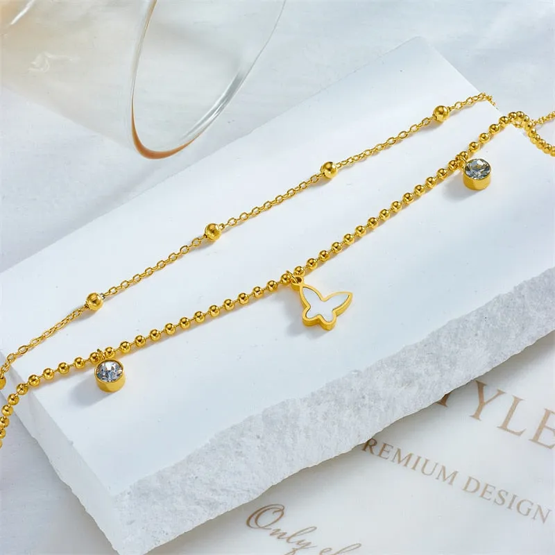 316L Stainless Steel Double Layer Butterfly Zircon Anklets For Women