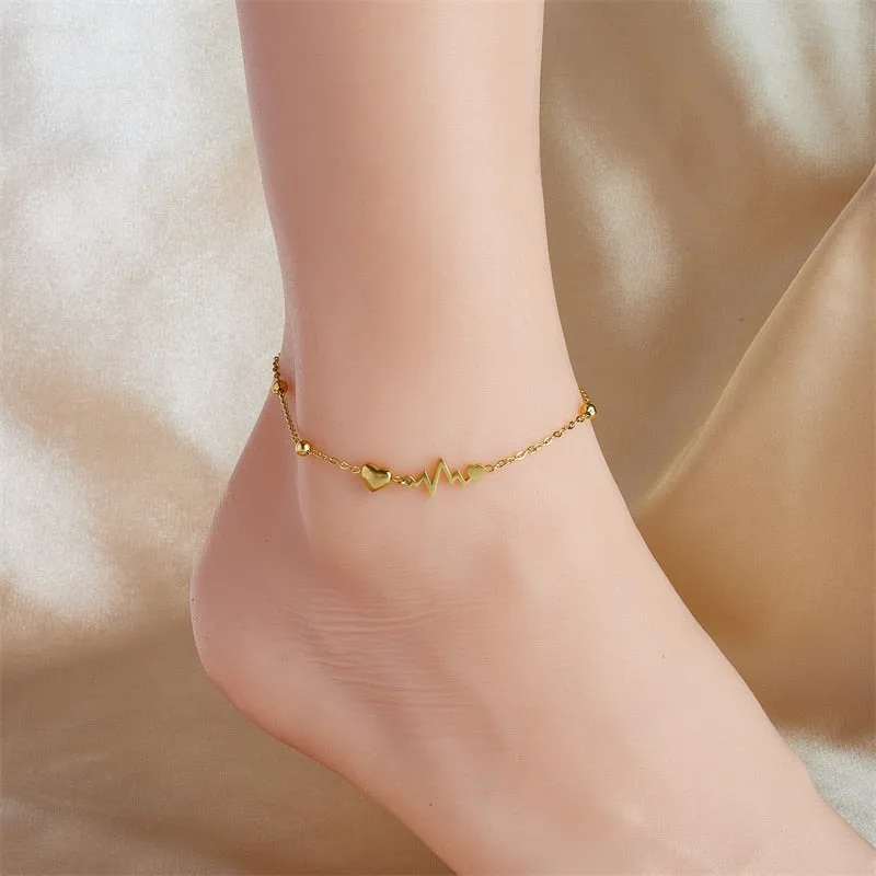 316L Stainless Steel Heart Electrocardiogram Anklets For Women