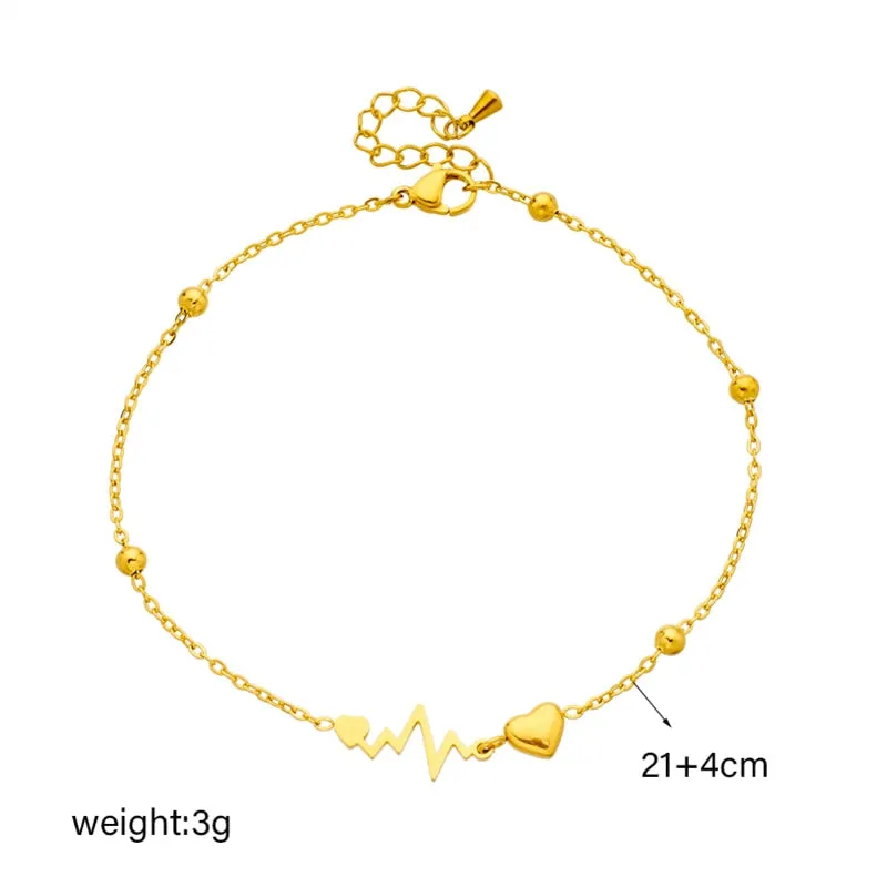 316L Stainless Steel Heart Electrocardiogram Anklets For Women