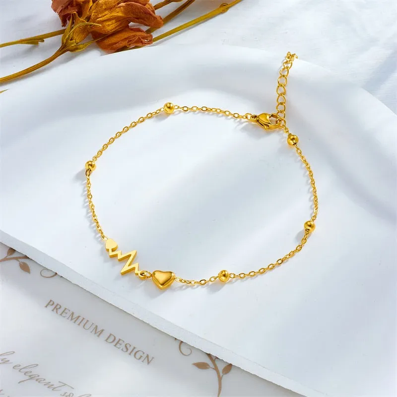 316L Stainless Steel Heart Electrocardiogram Anklets For Women
