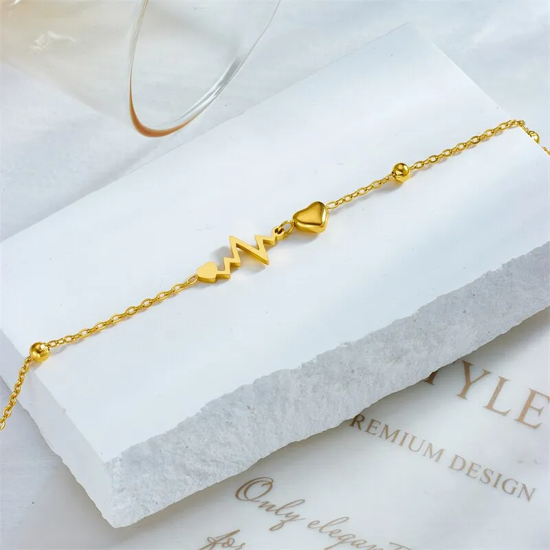 316L Stainless Steel Heart Electrocardiogram Anklets For Women