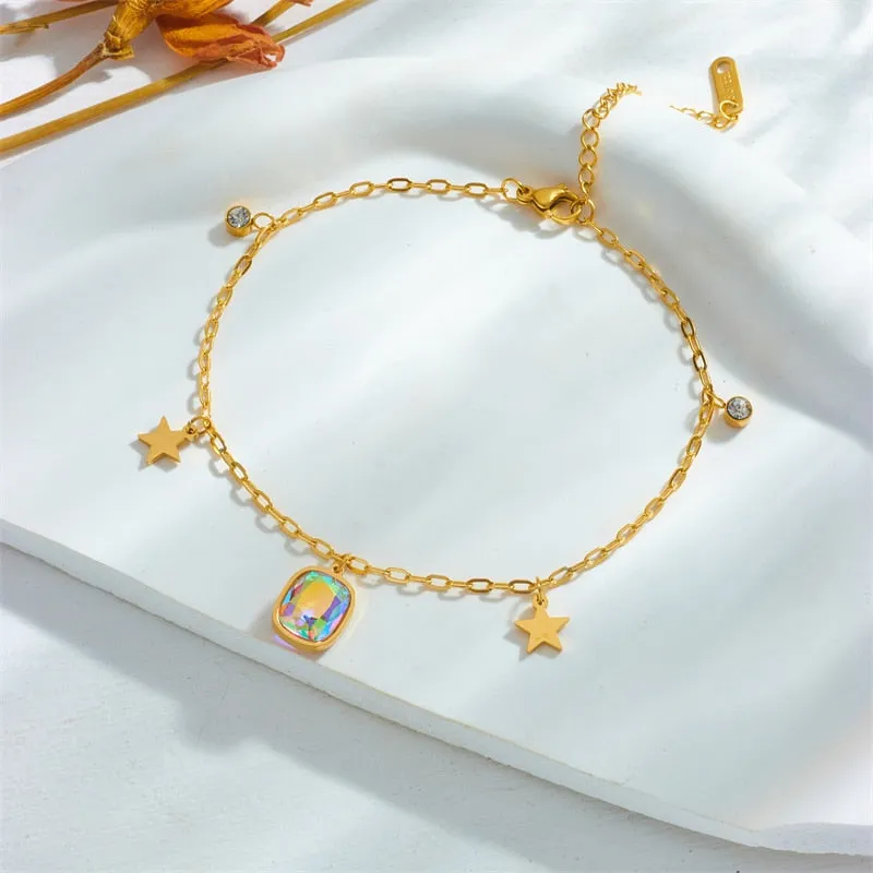 316L Stainless Steel Square Crystal Zircon Pentagram Charm Anklets For Women