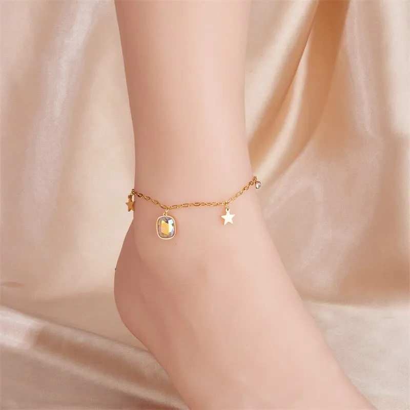 316L Stainless Steel Square Crystal Zircon Pentagram Charm Anklets For Women