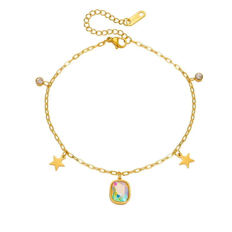316L Stainless Steel Square Crystal Zircon Pentagram Charm Anklets For Women