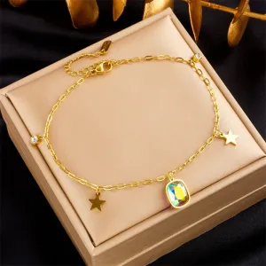 316L Stainless Steel Square Crystal Zircon Pentagram Charm Anklets For Women