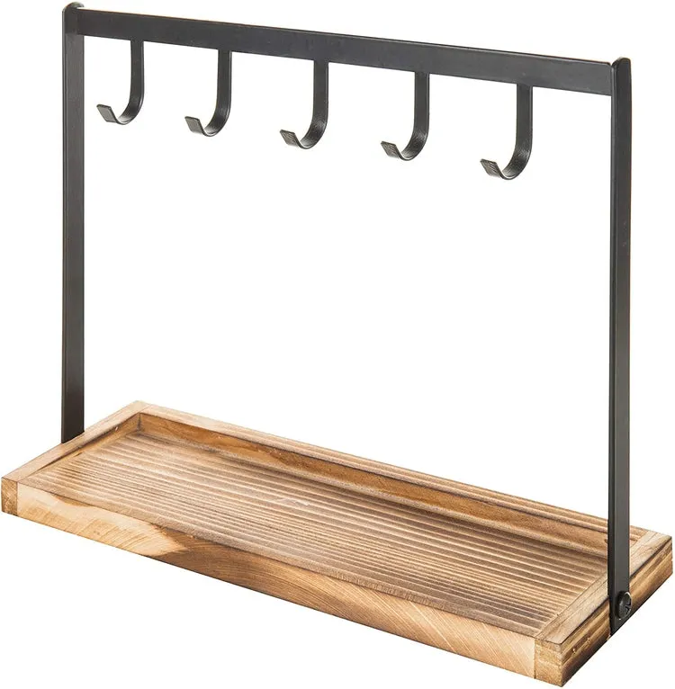 5-Hook, Burnt Wood and Black Metal Tabletop Key Holder, Jewelry Organizer Rack