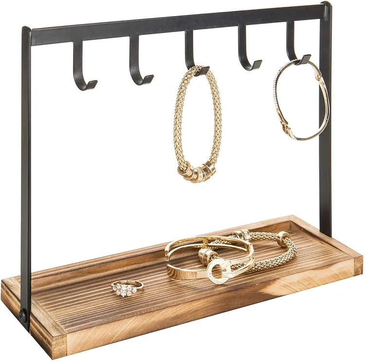 5-Hook, Burnt Wood and Black Metal Tabletop Key Holder, Jewelry Organizer Rack