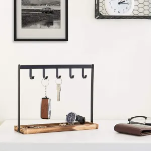 5-Hook, Burnt Wood and Black Metal Tabletop Key Holder, Jewelry Organizer Rack