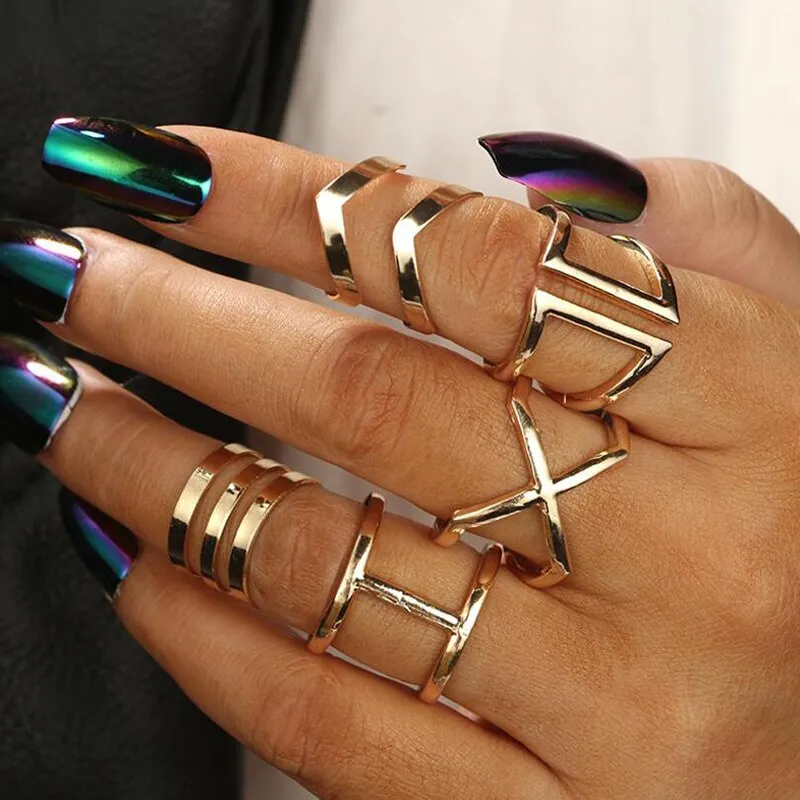 5 Pcs/ Set Classic Gold Colour V Chevron Rings
