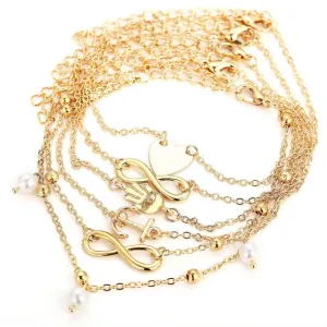 5 Pieces \ Set Summer New Stainless Steel Heart Pendant Anklet for Women Fashion Beach Ankle Bracelet Accessories Jewelry Gift