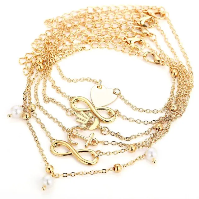 5 Pieces \ Set Summer New Stainless Steel Heart Pendant Anklet for Women Fashion Beach Ankle Bracelet Accessories Jewelry Gift