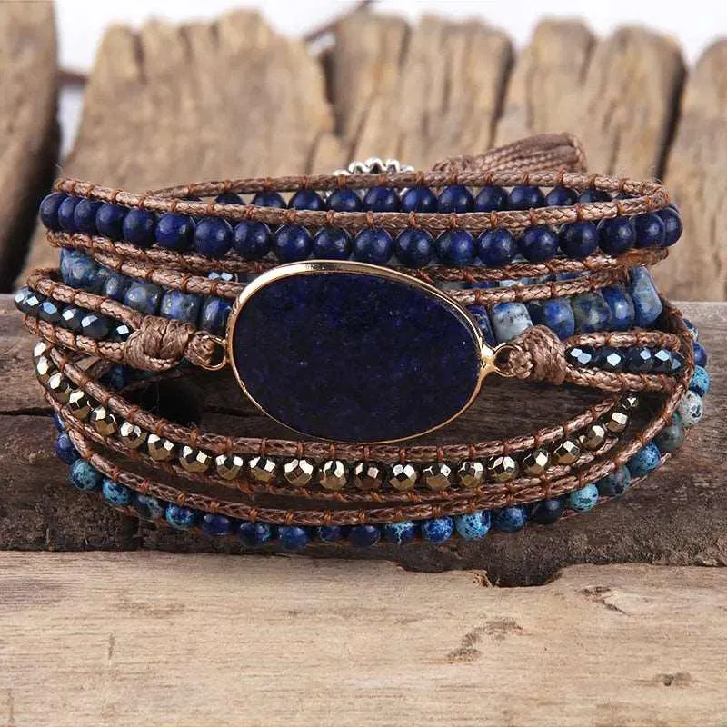 5 Strands Wrap Boho Bracelet with Mixed Natural Stones
