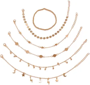 6-Piece Gold Anklet Set with Moon, Star, Lightning, Beaded, and Coin Charms, Adjustable Layered Chain Anklets for Women, Boho Foot Jewelry