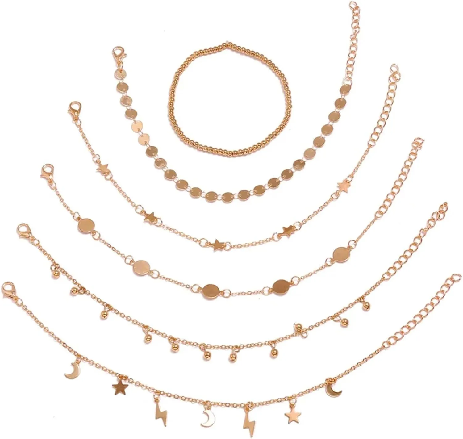 6-Piece Gold Anklet Set with Moon, Star, Lightning, Beaded, and Coin Charms, Adjustable Layered Chain Anklets for Women, Boho Foot Jewelry