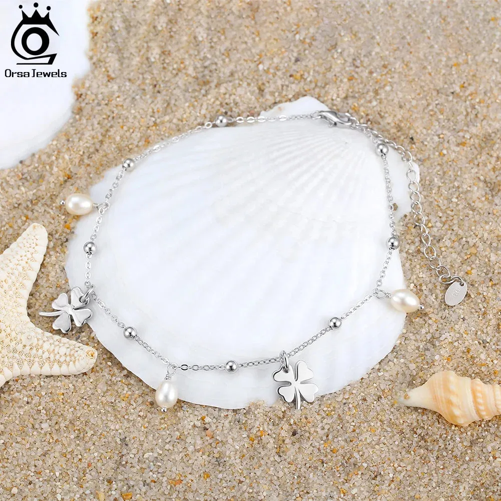 925 Sterling Silver Chain Anklets with Pearl and Four Leaf Clover Summer Beach Anklets