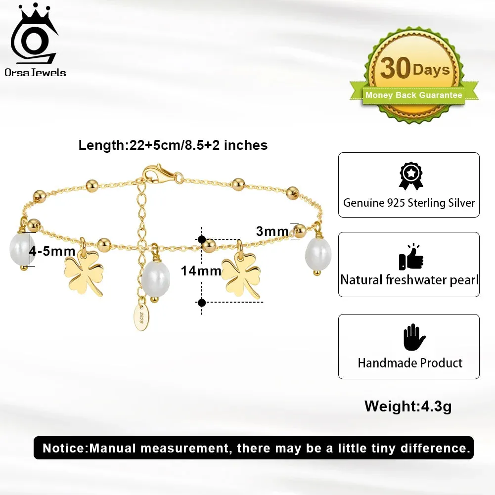 925 Sterling Silver Chain Anklets with Pearl and Four Leaf Clover Summer Beach Anklets