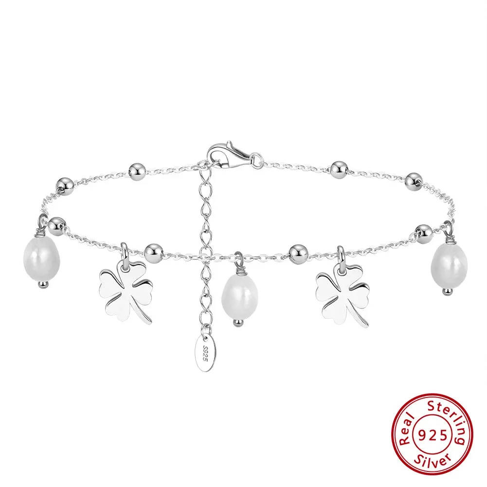 925 Sterling Silver Chain Anklets with Pearl and Four Leaf Clover Summer Beach Anklets