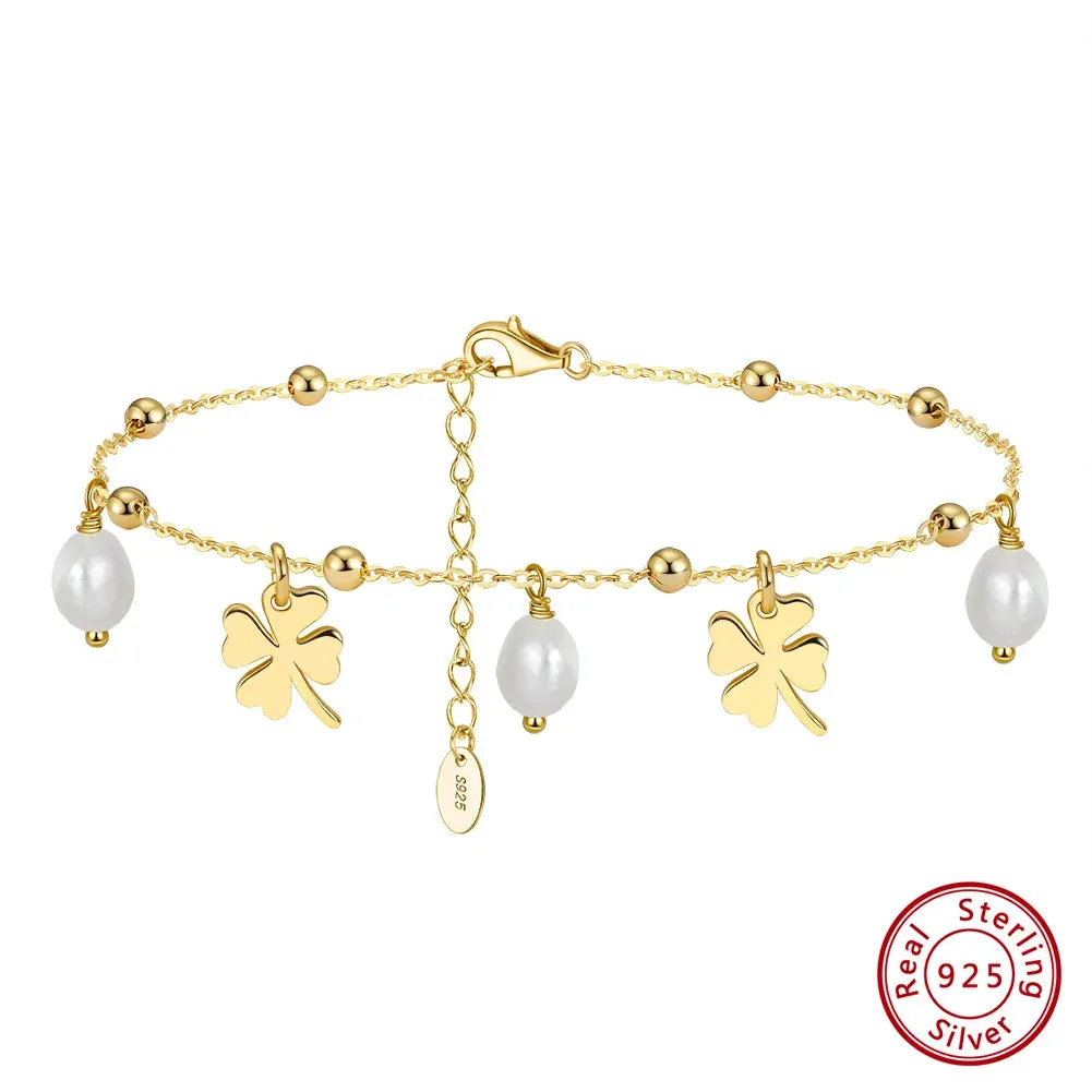 925 Sterling Silver Chain Anklets with Pearl and Four Leaf Clover Summer Beach Anklets
