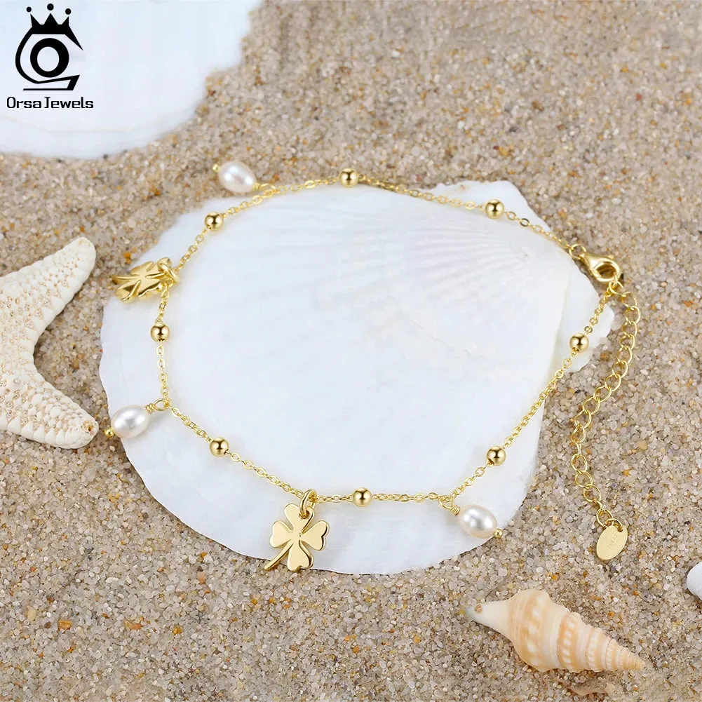 925 Sterling Silver Chain Anklets with Pearl and Four Leaf Clover Summer Beach Anklets