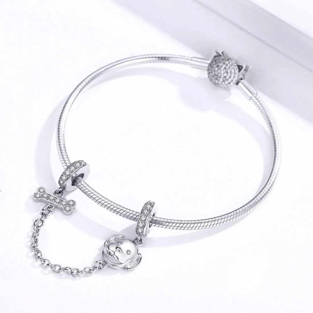 925 Sterling Silver Dog Beaded Safety Chain Bracelet