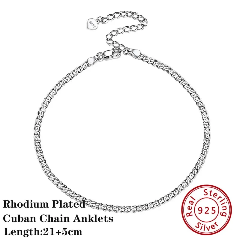 925 Sterling Silver Flat Beads Chain Ankle Bracelet for Women