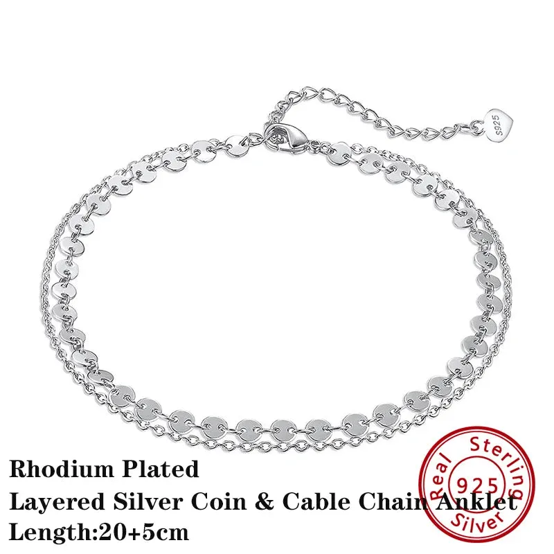 925 Sterling Silver Flat Beads Chain Ankle Bracelet for Women
