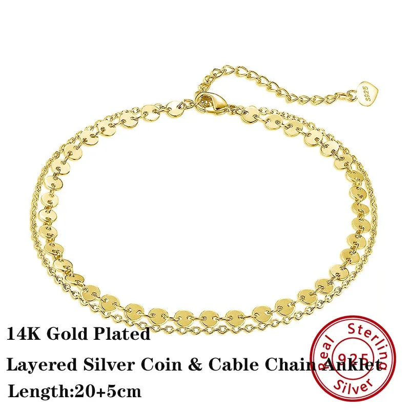 925 Sterling Silver Flat Beads Chain Ankle Bracelet for Women