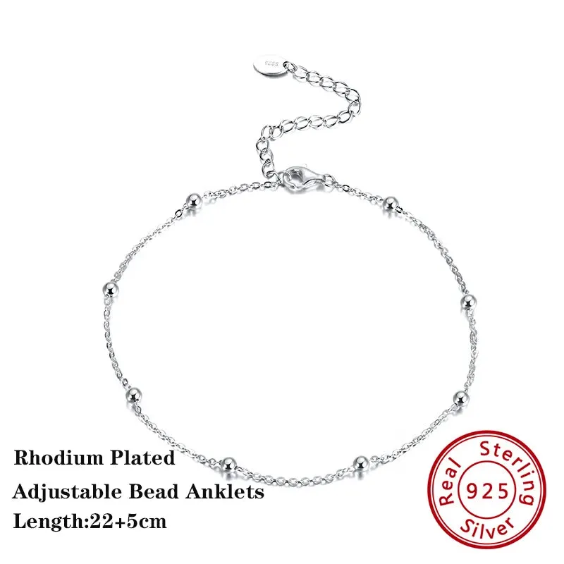 925 Sterling Silver Flat Beads Chain Ankle Bracelet for Women